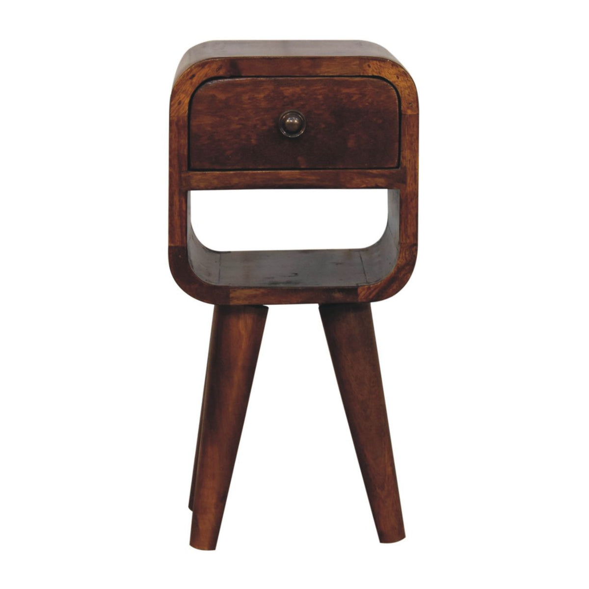 Chestnut Mango Wood 1-Drawer Nightstand — Extra Mini Curved Bedside Table, Open Shelf | Helene