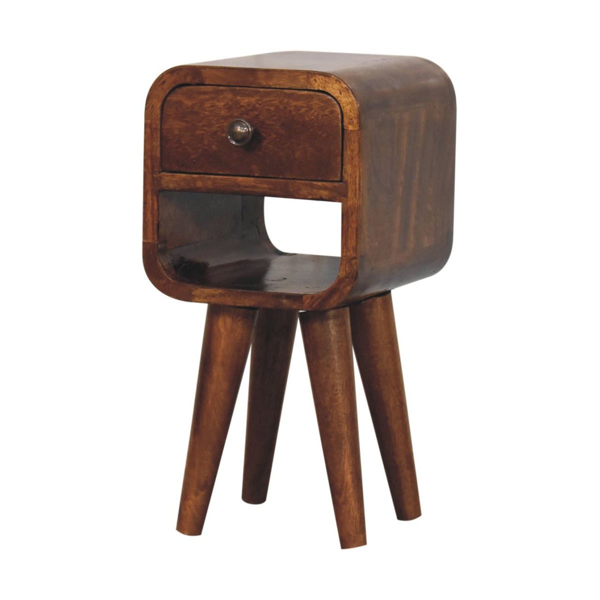 Chestnut Mango Wood 1-Drawer Nightstand — Extra Mini Curved Bedside Table, Open Shelf | Helene