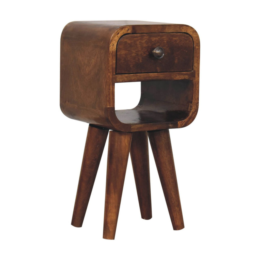 Chestnut Mango Wood 1-Drawer Nightstand — Extra Mini Curved Bedside Table, Open Shelf | Helene