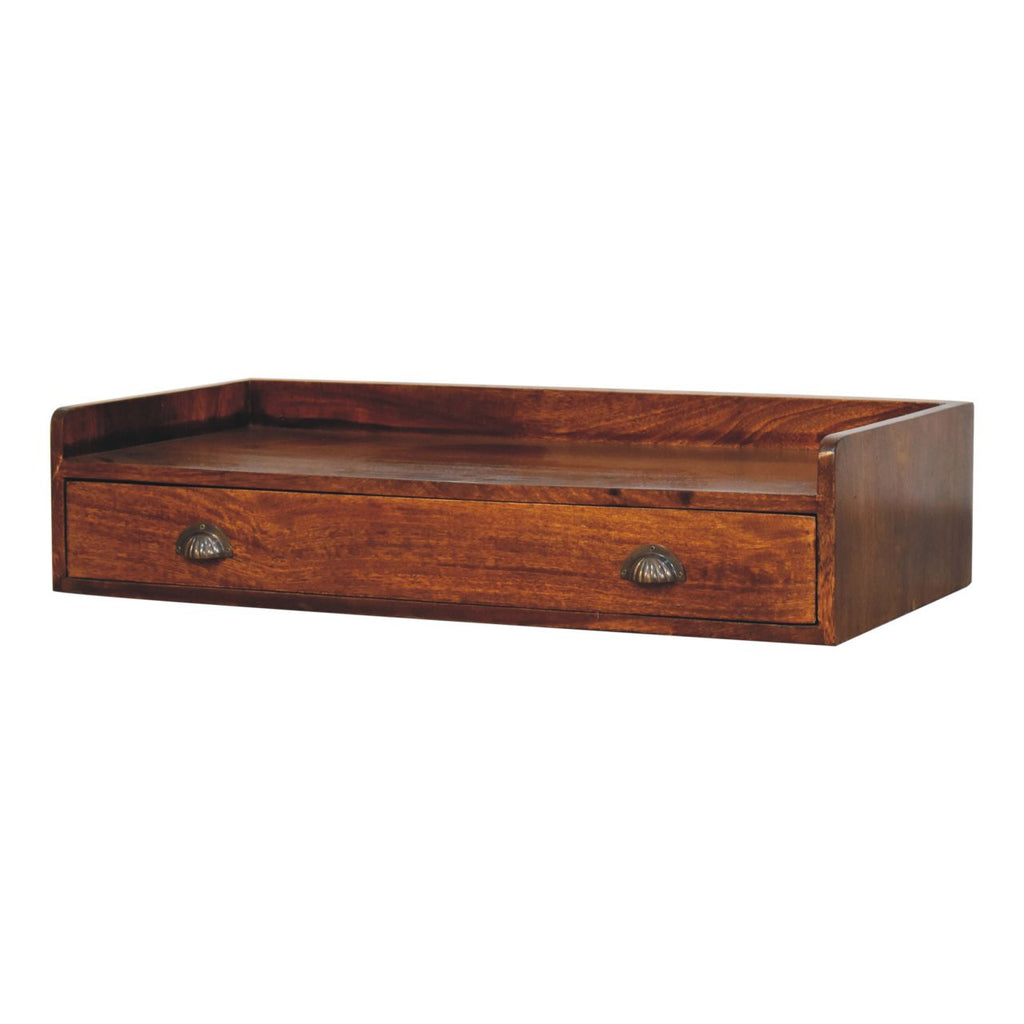 Chestnut Mango Wood Wall-Mounted Shelf with Drawer — Floating Console Shelving, Brass Shell Handles | Gaston