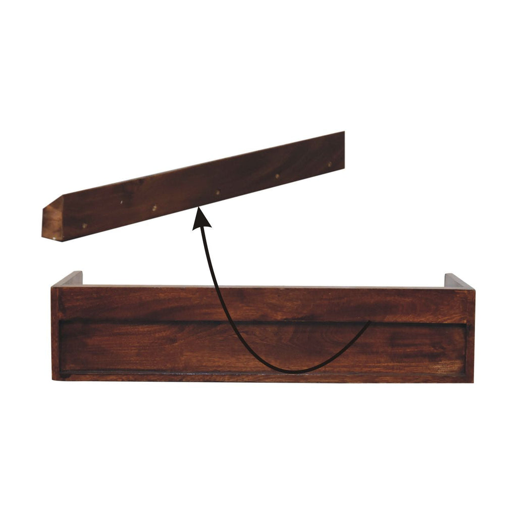 Chestnut Mango Wood Wall-Mounted Shelf with Drawer — Floating Console Shelving, Brass Shell Handles | Gaston