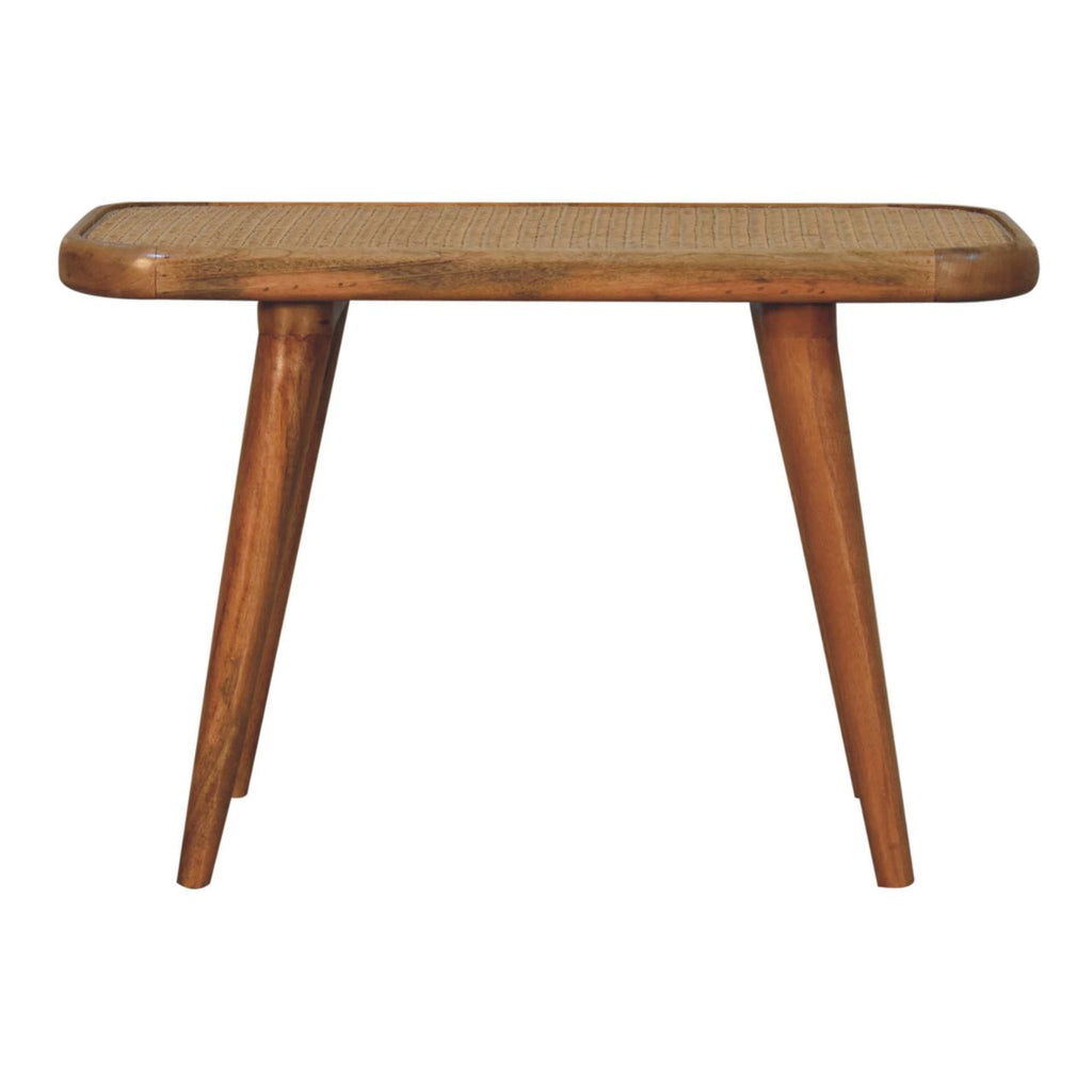 Oak Finish Mango Wood Bench with Hand-Woven Rattan Top — Rounded Corner Hallway Bench | Ivry