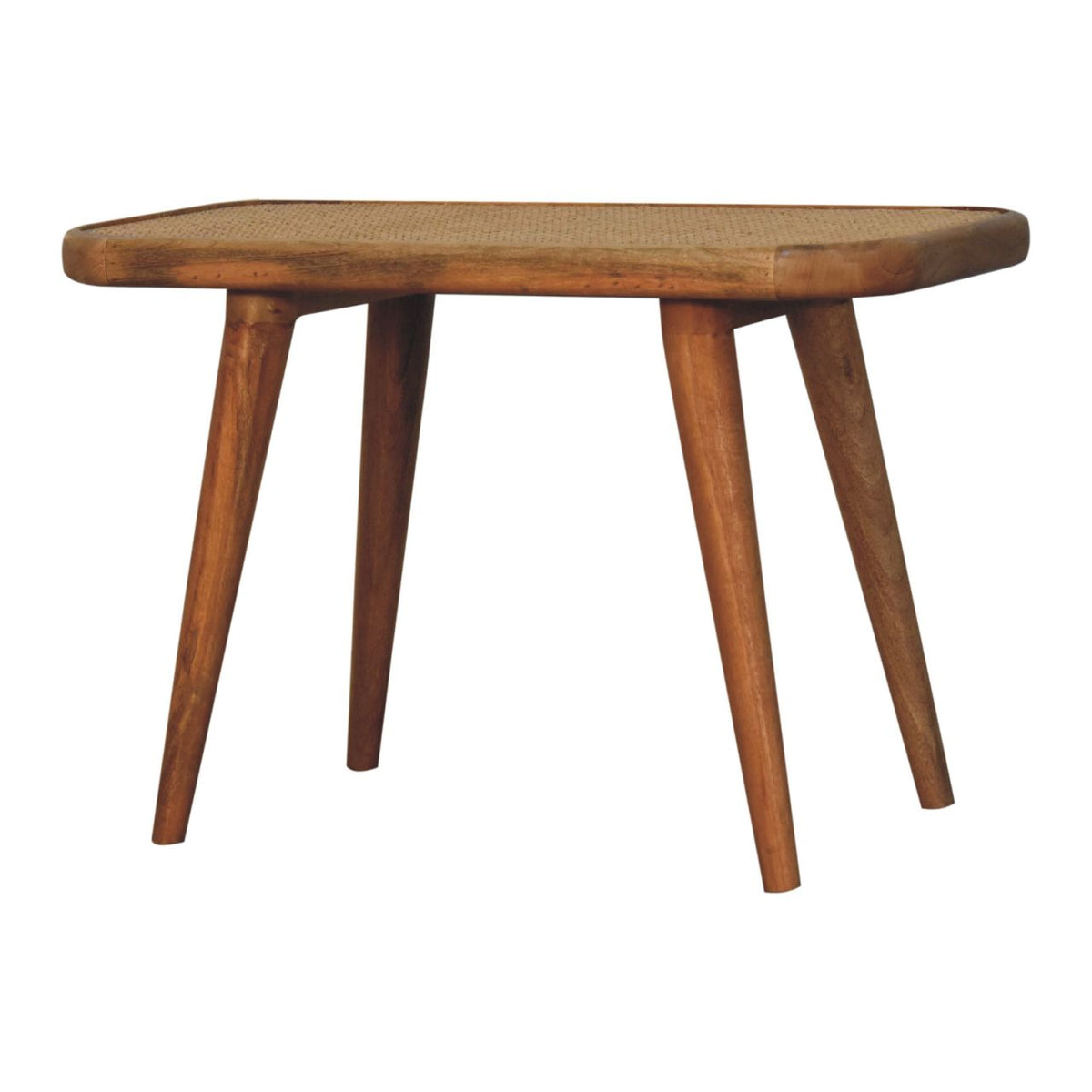 Oak Finish Mango Wood Bench with Hand-Woven Rattan Top — Rounded Corner Hallway Bench | Ivry