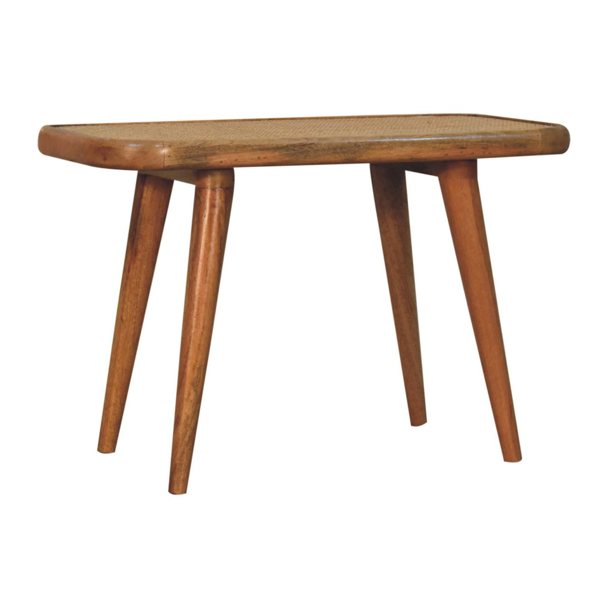 Oak Finish Mango Wood Bench with Hand-Woven Rattan Top — Rounded Corner Hallway Bench | Ivry