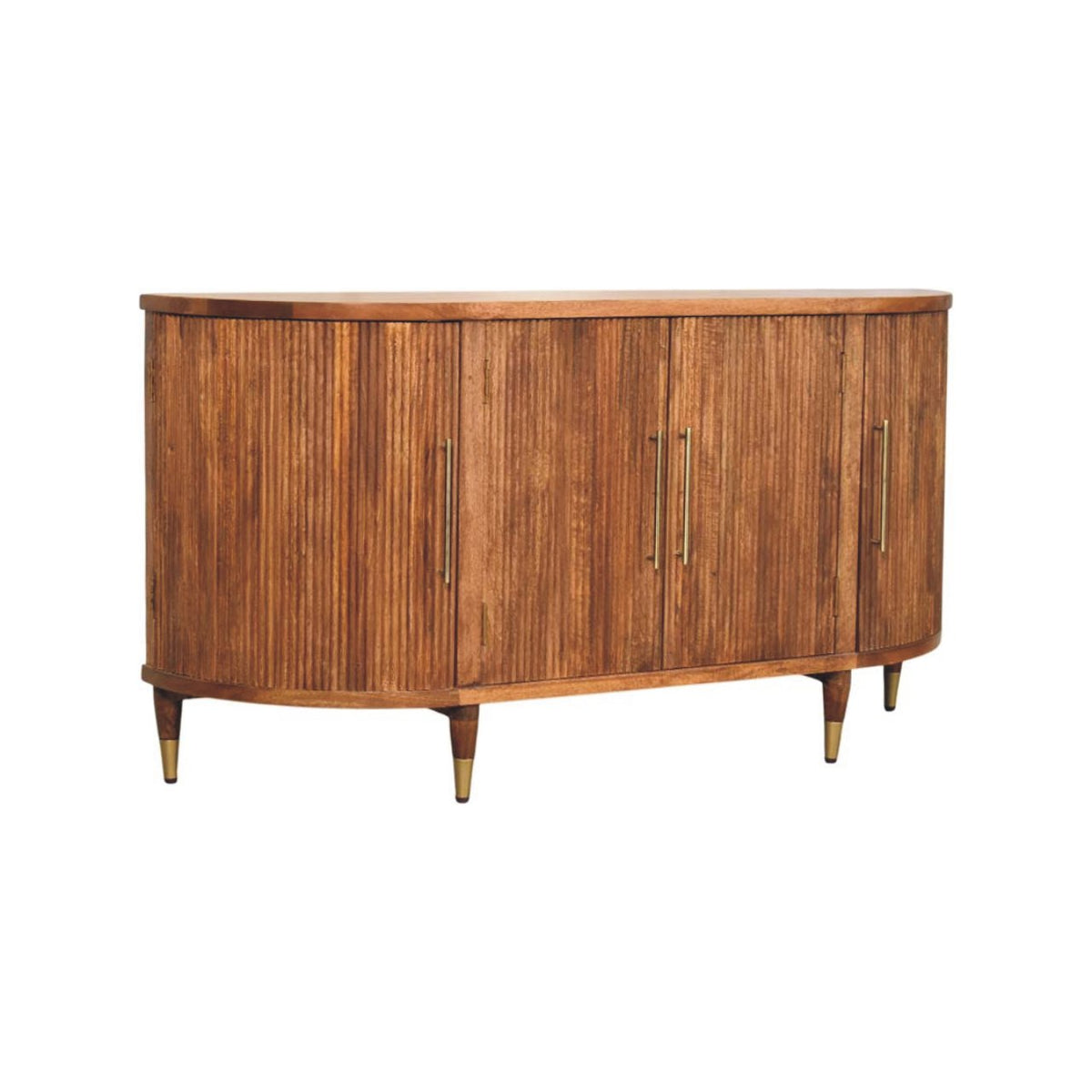 Amber Oak Mango Wood 4-Door Sideboard — Curved Fluted Doors, Brass-Tipped Legs
