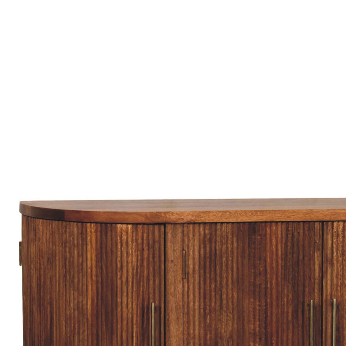 Amber Oak Mango Wood 4-Door Sideboard — Curved Fluted Doors, Brass-Tipped Legs