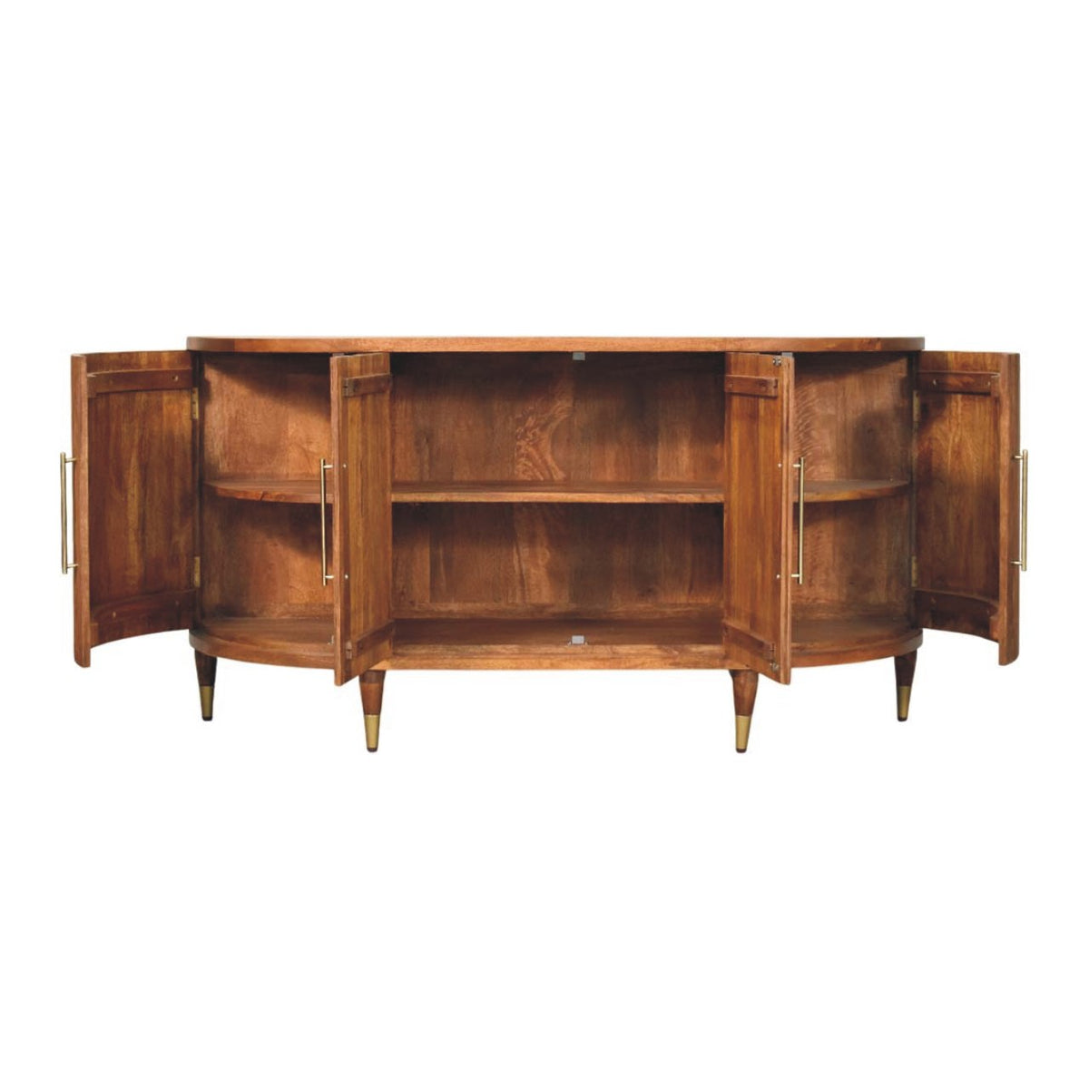 Amber Oak Mango Wood 4-Door Sideboard — Curved Fluted Doors, Brass-Tipped Legs