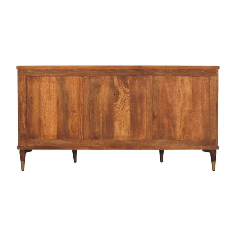 Amber Oak Mango Wood 4-Door Sideboard — Curved Fluted Doors, Brass-Tipped Legs