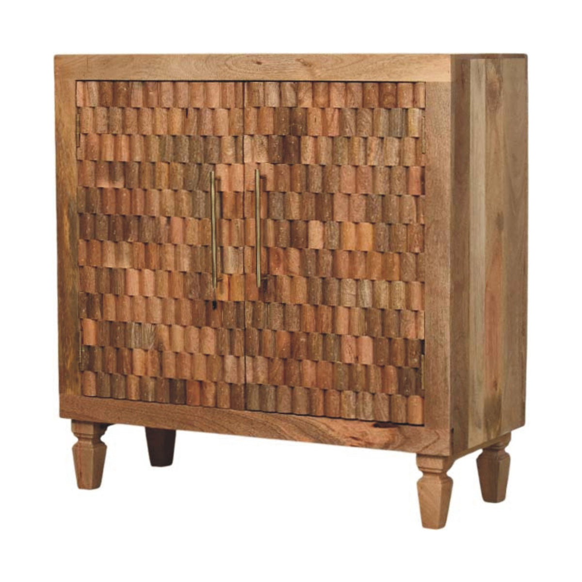 Golden Teak Mango Wood Cabinet — Carved Block Front, Tapered Legs