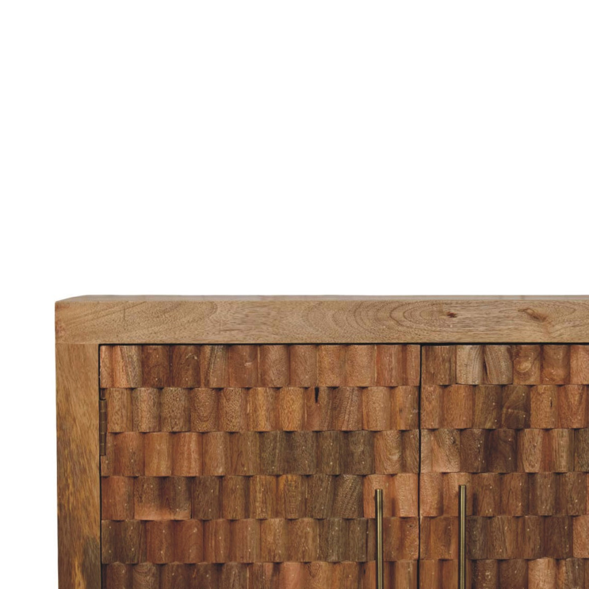 Golden Teak Mango Wood Cabinet — Carved Block Front, Tapered Legs
