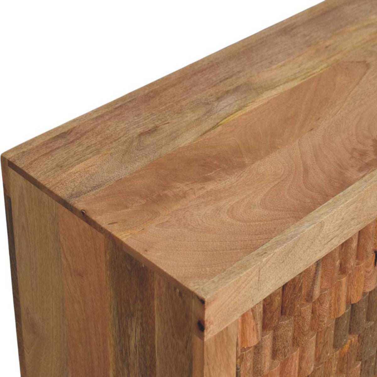 Golden Teak Mango Wood Cabinet — Carved Block Front, Tapered Legs