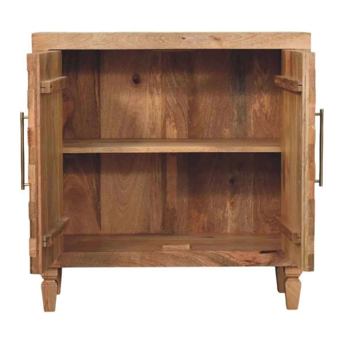 Golden Teak Mango Wood Cabinet — Carved Block Front, Tapered Legs