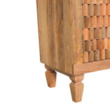 Golden Teak Mango Wood Cabinet — Carved Block Front, Tapered Legs