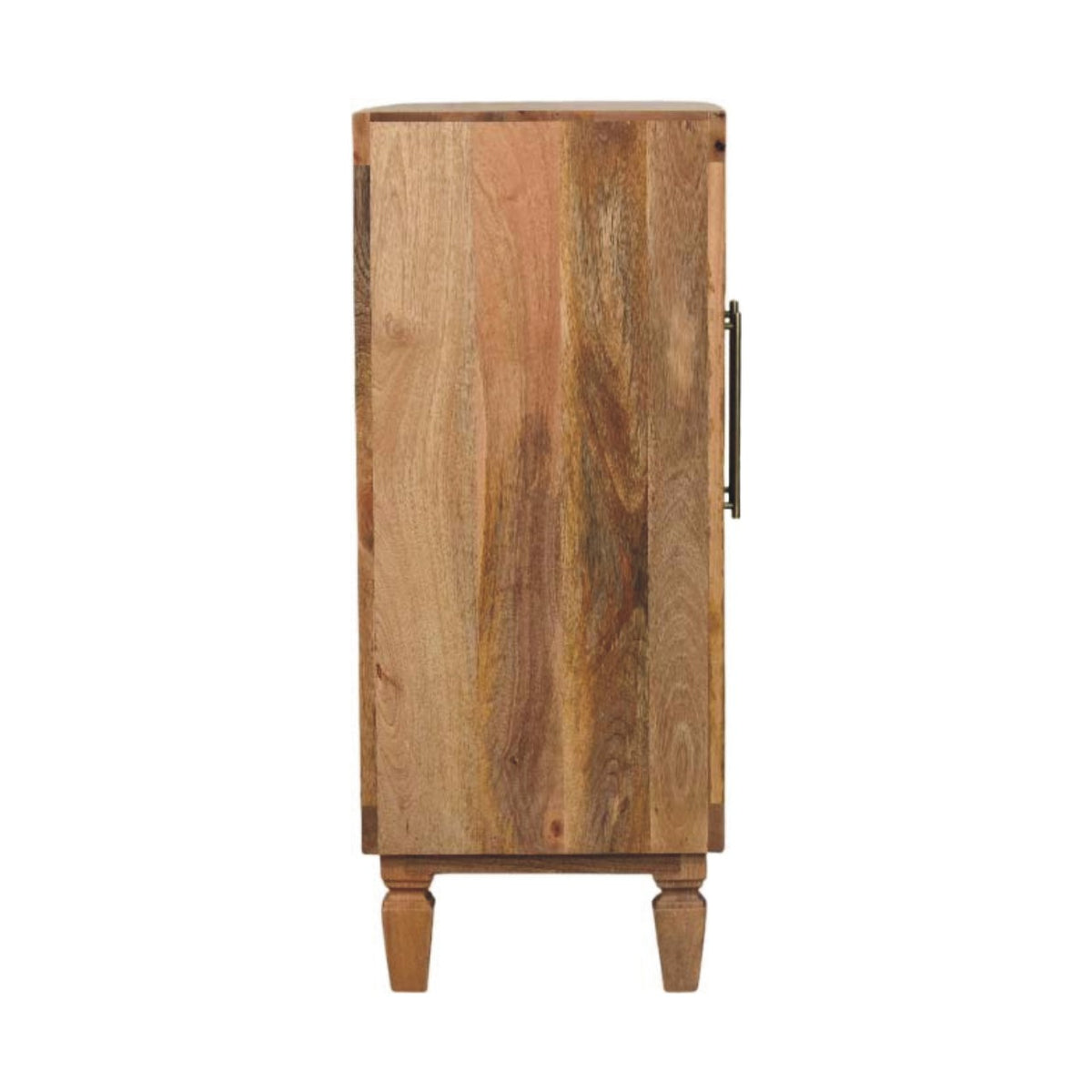 Golden Teak Mango Wood Cabinet — Carved Block Front, Tapered Legs