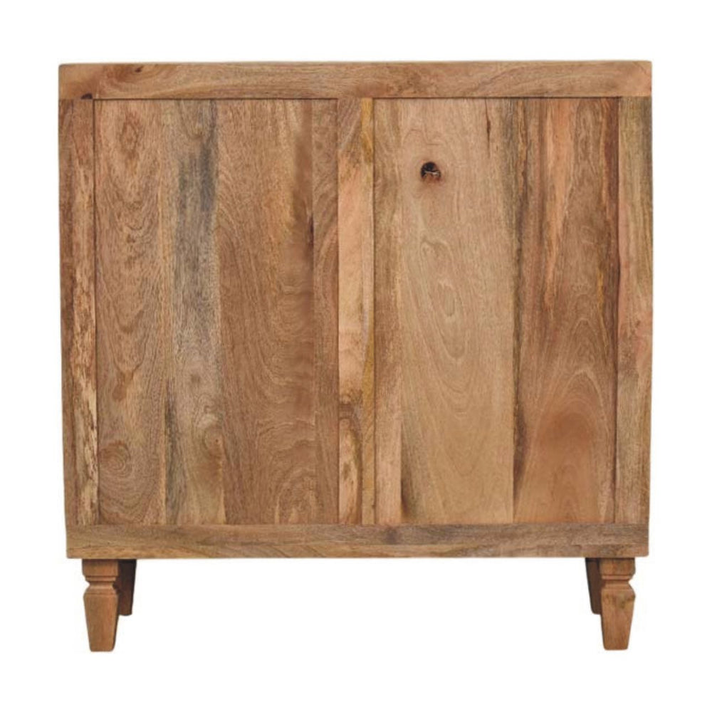 Golden Teak Mango Wood Cabinet — Carved Block Front, Tapered Legs