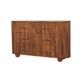 Amber Oak Mango Wood 6-Drawer Chest — Ribbed Fronts, Brass Handles, Rounded Feet