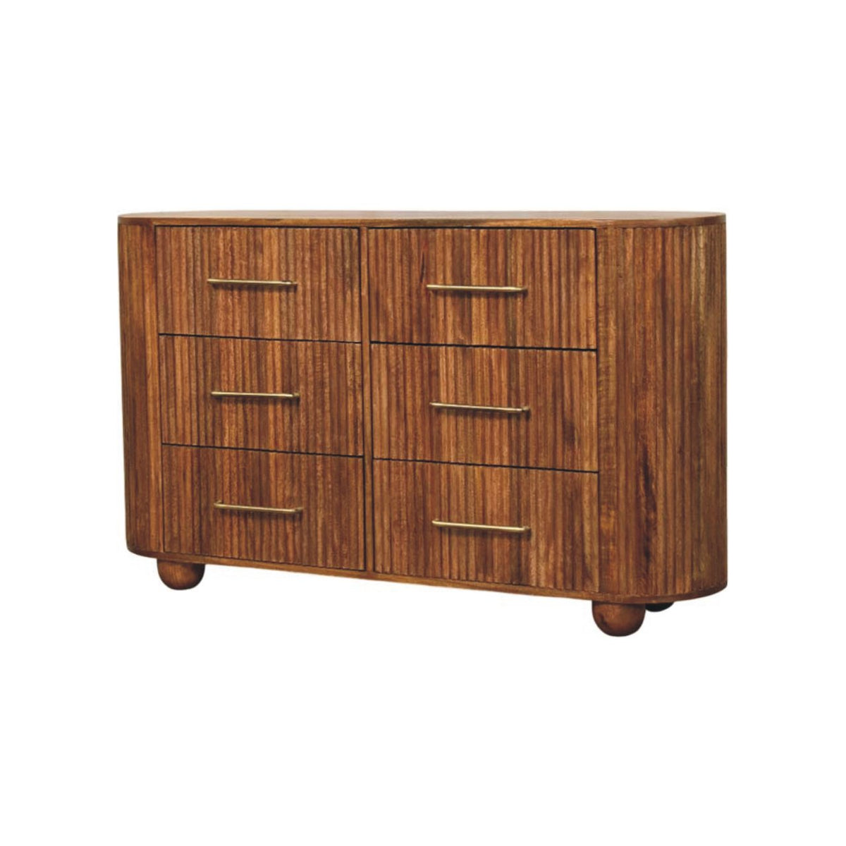Amber Oak Mango Wood 6-Drawer Chest — Ribbed Fronts, Brass Handles, Rounded Feet