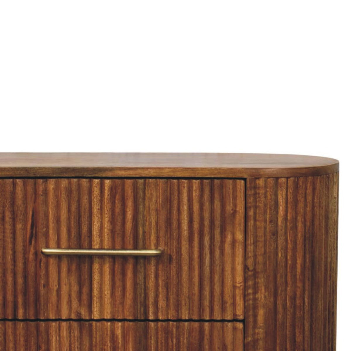 Amber Oak Mango Wood 6-Drawer Chest — Ribbed Fronts, Brass Handles, Rounded Feet
