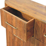 Amber Oak Mango Wood 6-Drawer Chest — Ribbed Fronts, Brass Handles, Rounded Feet