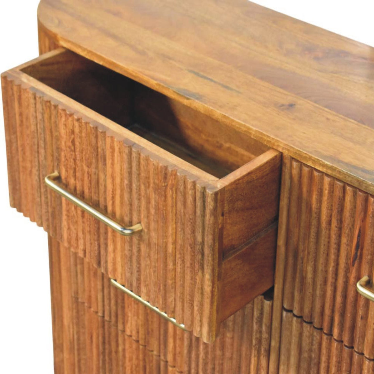 Amber Oak Mango Wood 6-Drawer Chest — Ribbed Fronts, Brass Handles, Rounded Feet
