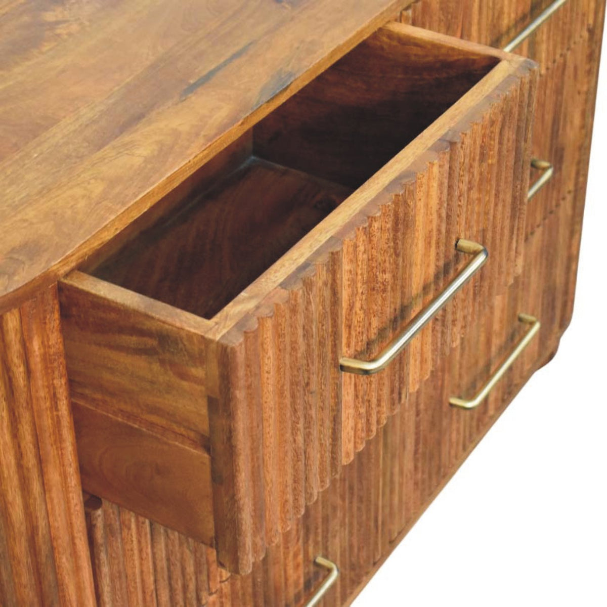 Amber Oak Mango Wood 6-Drawer Chest — Ribbed Fronts, Brass Handles, Rounded Feet