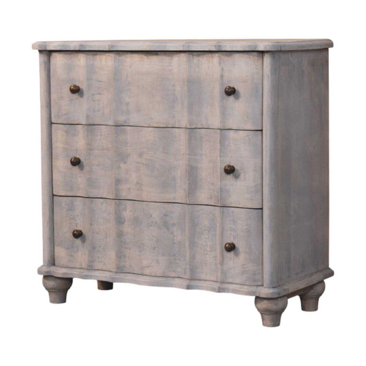 Washed Grey Mango Wood 3-Drawer Chest — Curved Front, Turned Bun Feet | Etretat