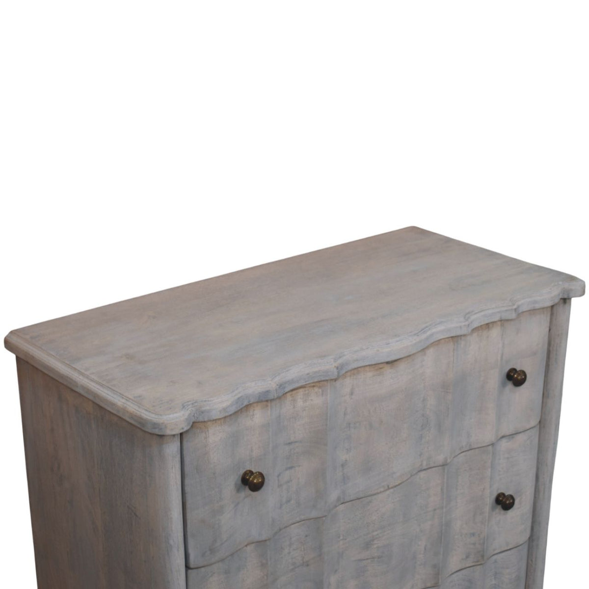 Washed Grey Mango Wood 3-Drawer Chest — Curved Front, Turned Bun Feet