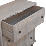 Washed Grey Mango Wood 3-Drawer Chest — Curved Front, Turned Bun Feet