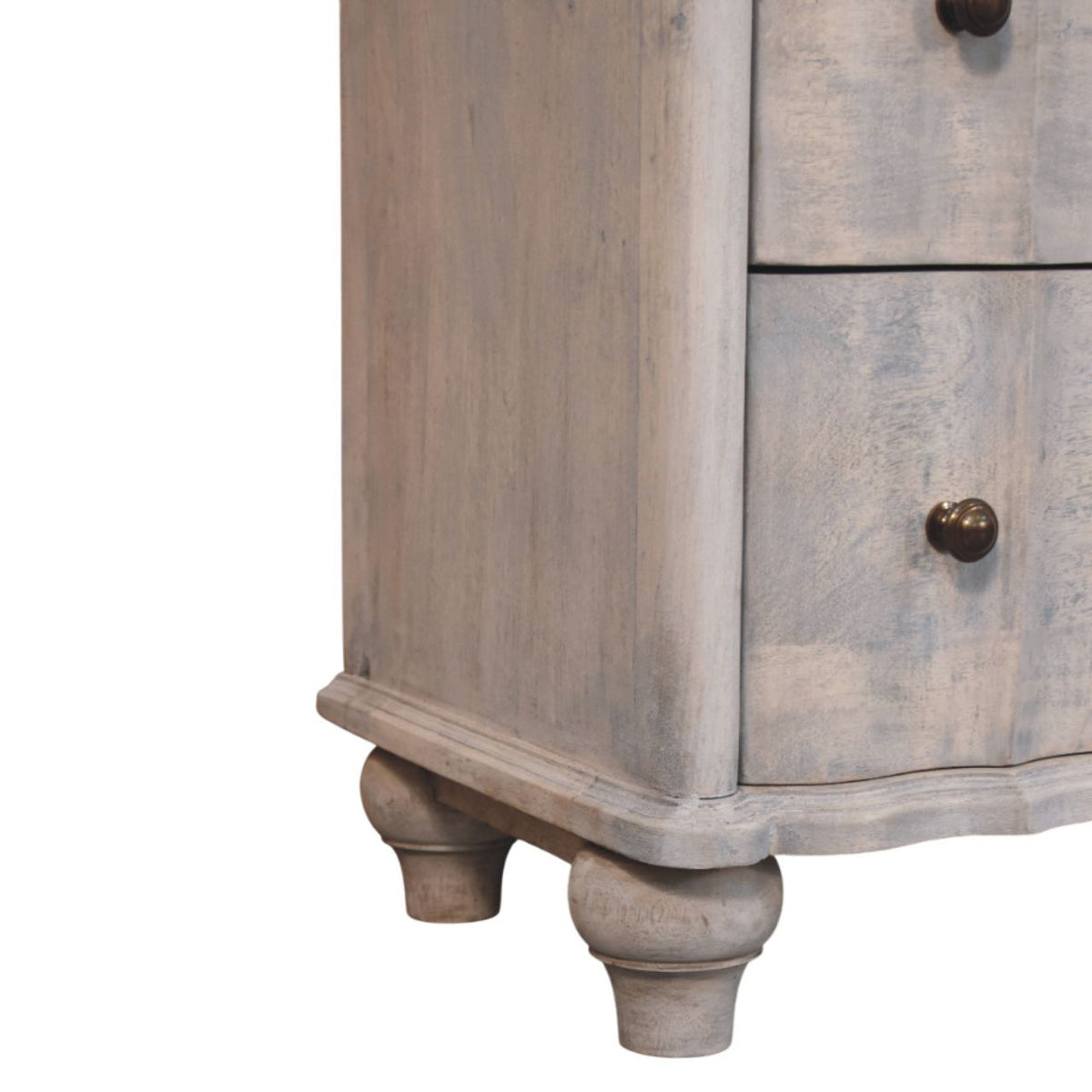 Washed Grey Mango Wood 3-Drawer Chest — Curved Front, Turned Bun Feet