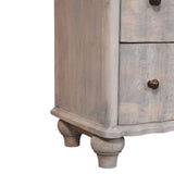 Washed Grey Mango Wood 3-Drawer Chest — Curved Front, Turned Bun Feet