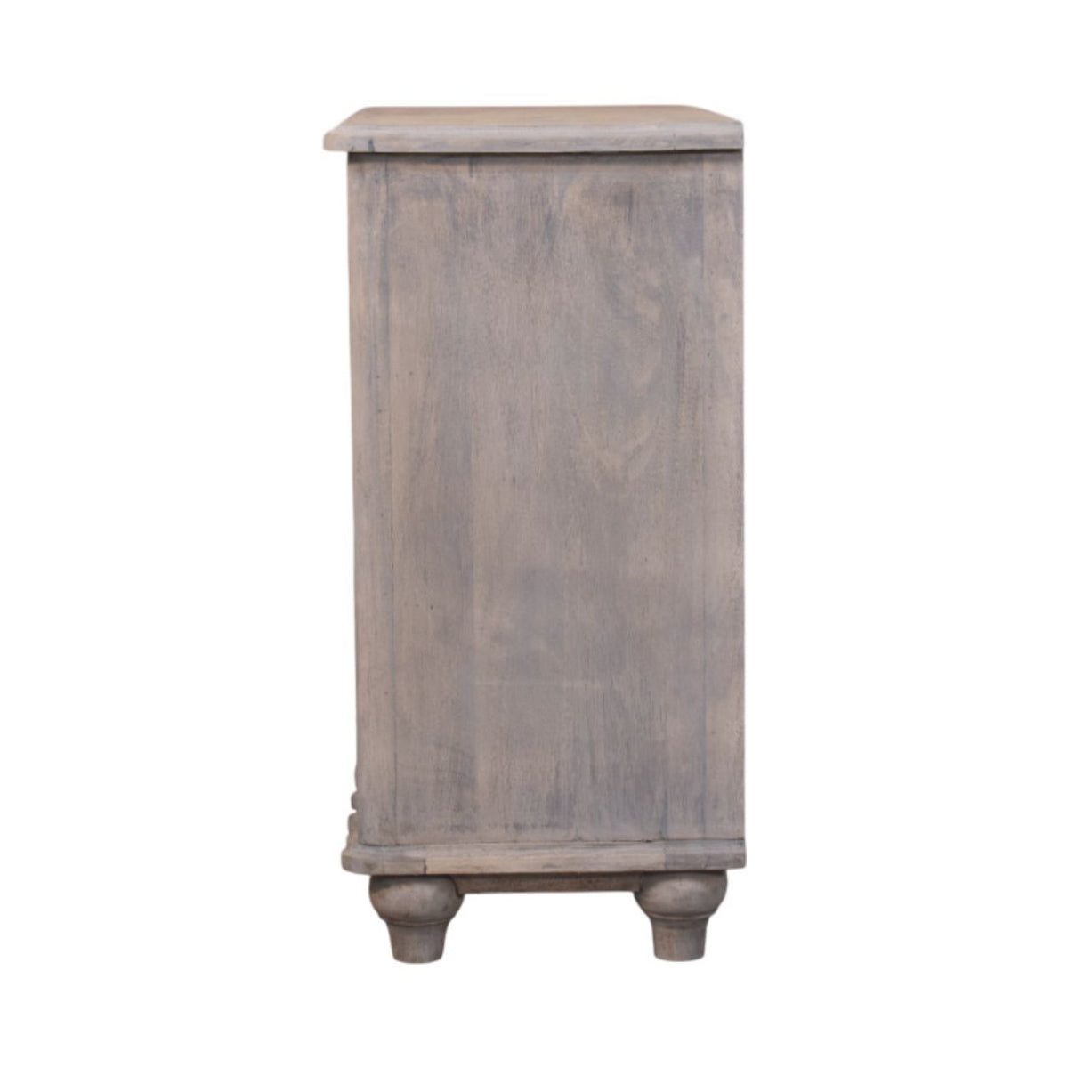 Washed Grey Mango Wood 3-Drawer Chest — Curved Front, Turned Bun Feet