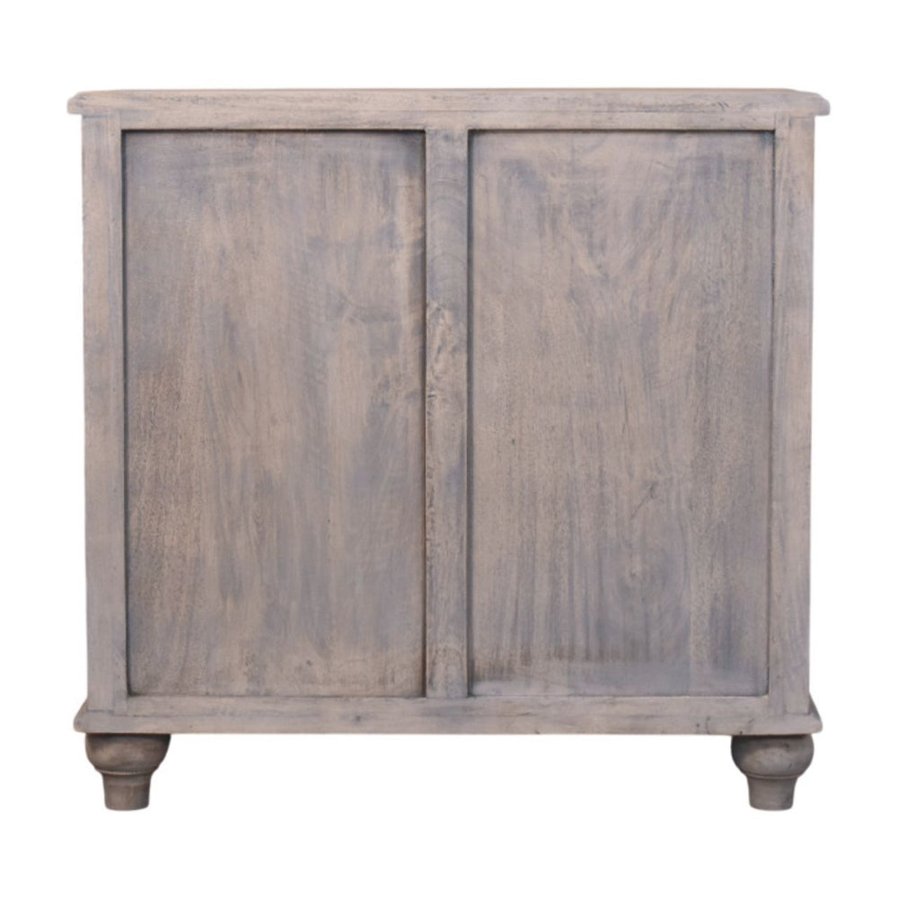 Washed Grey Mango Wood 3-Drawer Chest — Curved Front, Turned Bun Feet