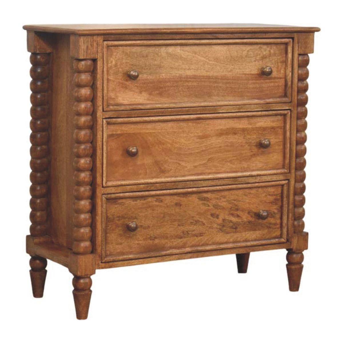 Amber Oak Mango Wood 3-Drawer Chest — Carved Spindle Sides, Round Knobs