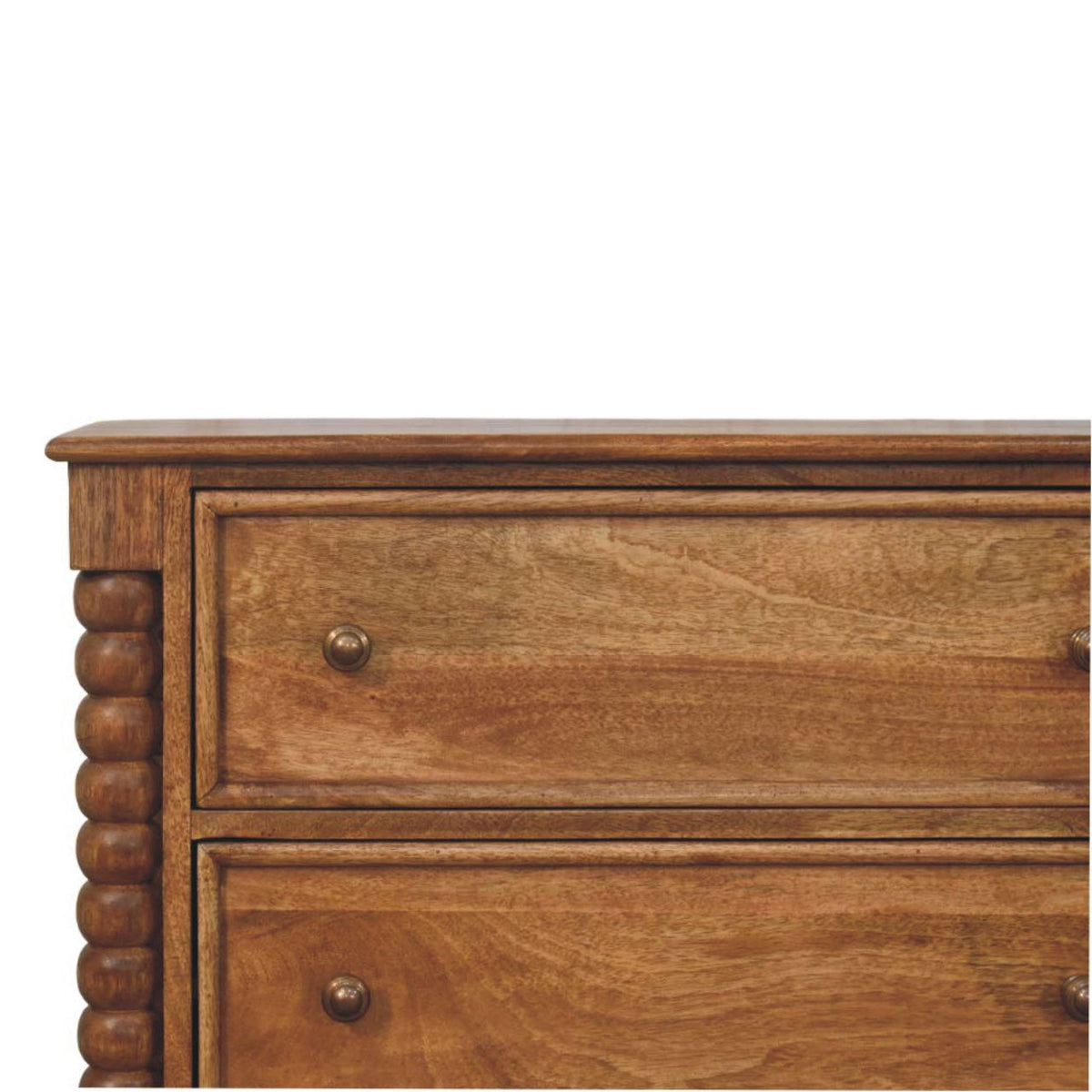 Amber Oak Mango Wood 3-Drawer Chest — Carved Spindle Sides, Round Knobs