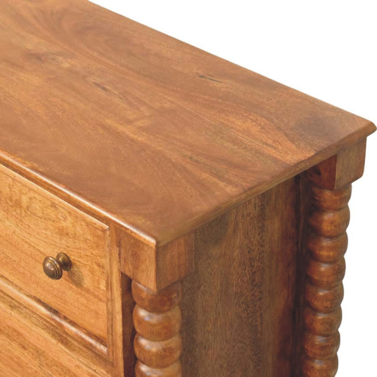 Amber Oak Mango Wood 3-Drawer Chest — Carved Spindle Sides, Round Knobs