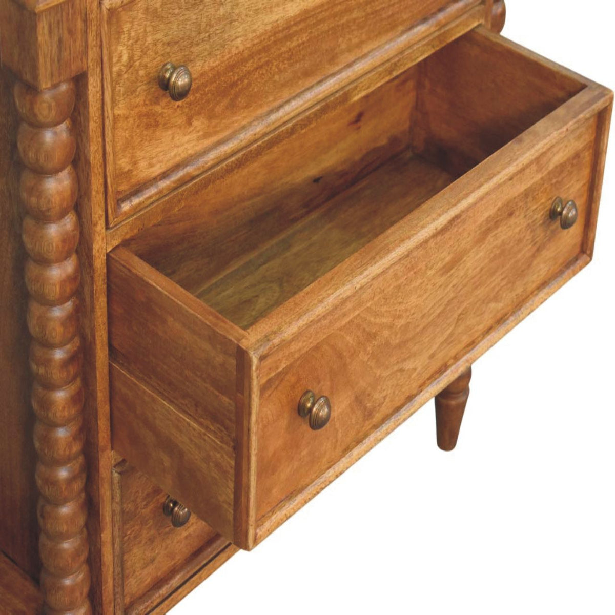 Amber Oak Mango Wood 3-Drawer Chest — Carved Spindle Sides, Round Knobs