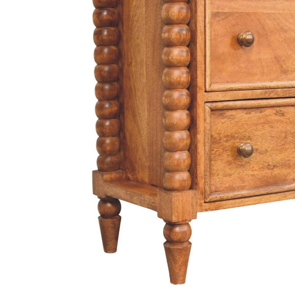 Amber Oak Mango Wood 3-Drawer Chest — Carved Spindle Sides, Round Knobs