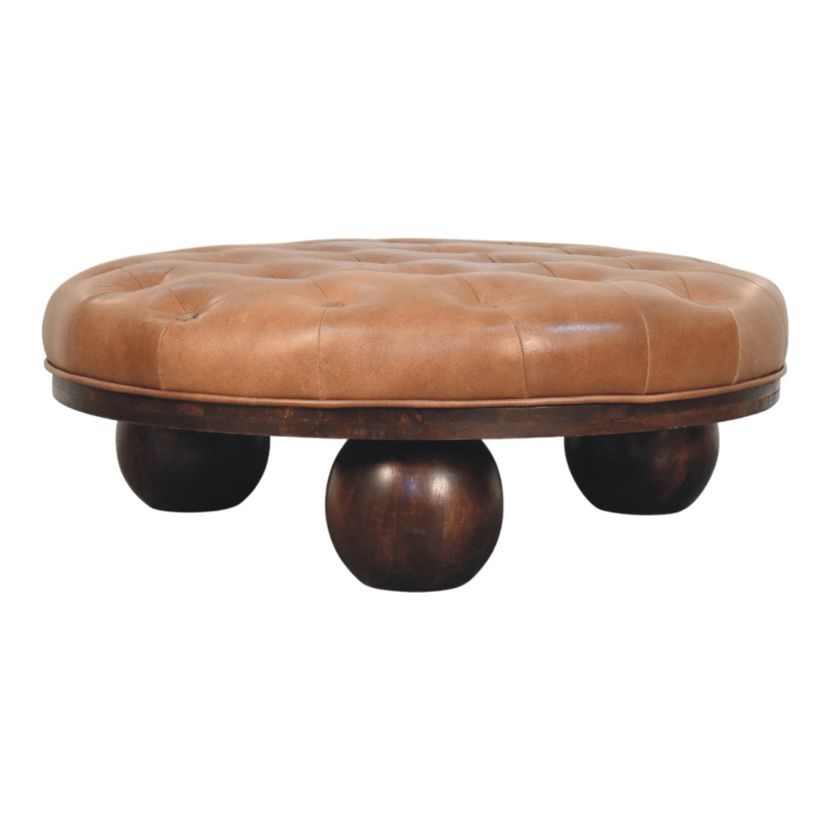 Tan Leather Round Coffee Table 88cm — Tufted Top, Ball Feet, Walnut Mango Wood