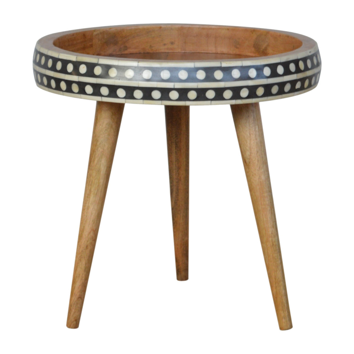 Oak Finish Mango Wood Side Table — Bone Inlay Edges, Nordic Tripod Legs, End Table | Ardenne