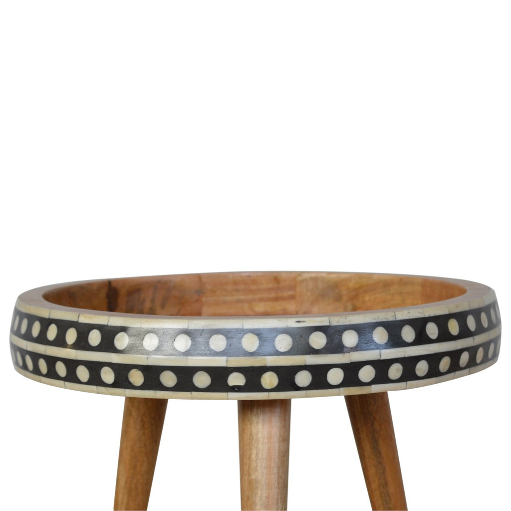 Oak Finish Mango Wood Side Table — Bone Inlay Edges, Nordic Tripod Legs, End Table | Ardenne