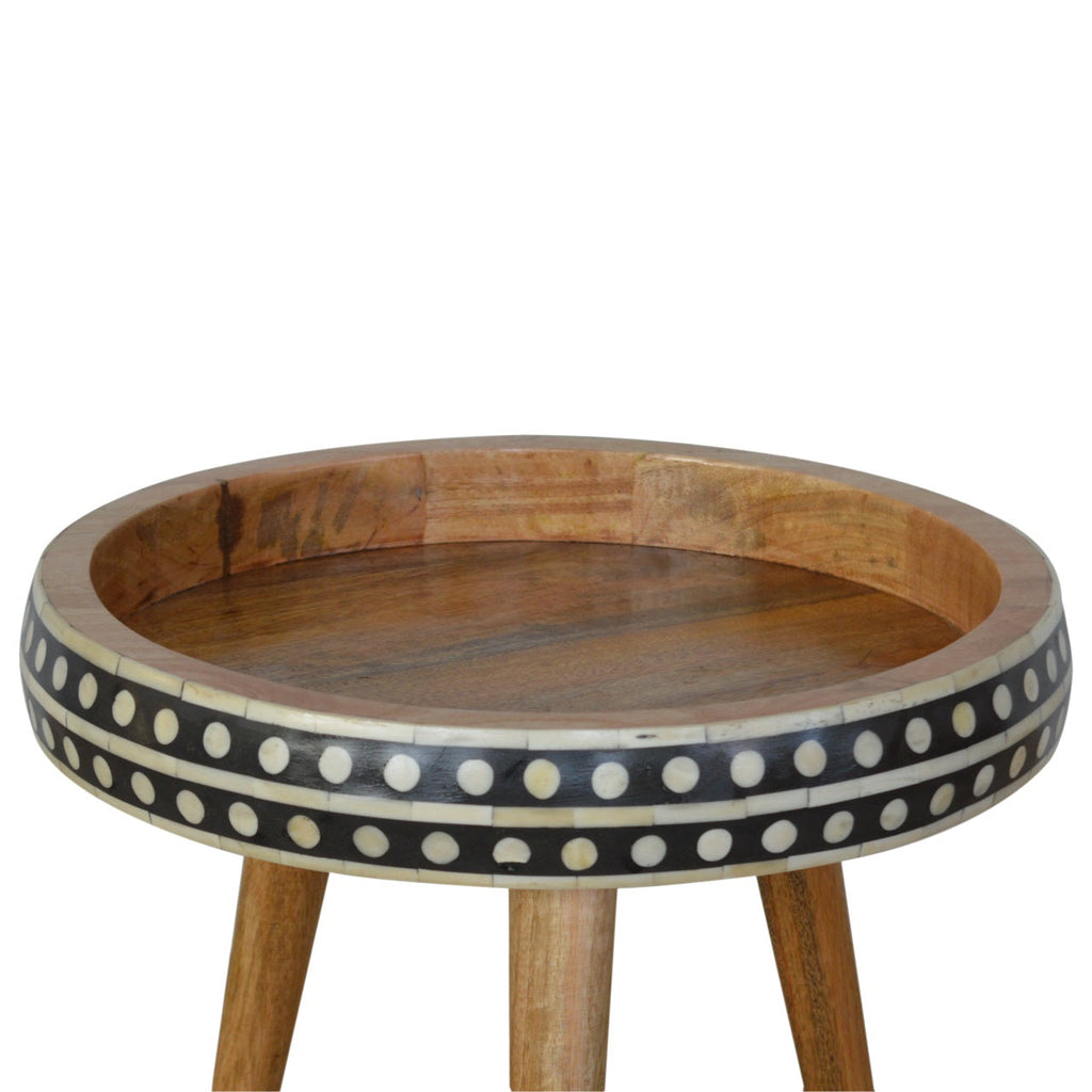Oak Finish Mango Wood Side Table — Bone Inlay Edges, Nordic Tripod Legs, End Table | Ardenne