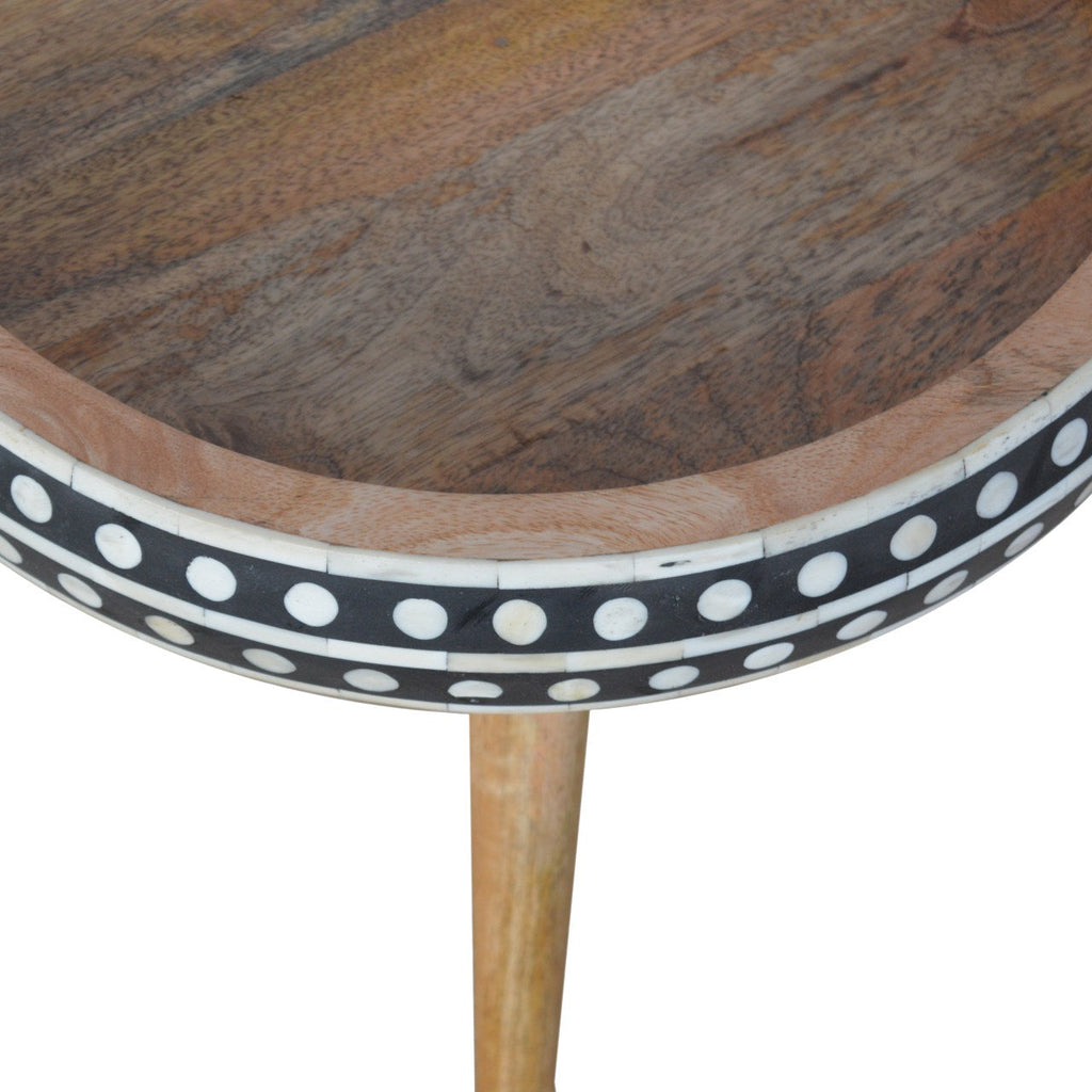 Oak Finish Mango Wood Side Table — Bone Inlay Edges, Nordic Tripod Legs, End Table | Ardenne