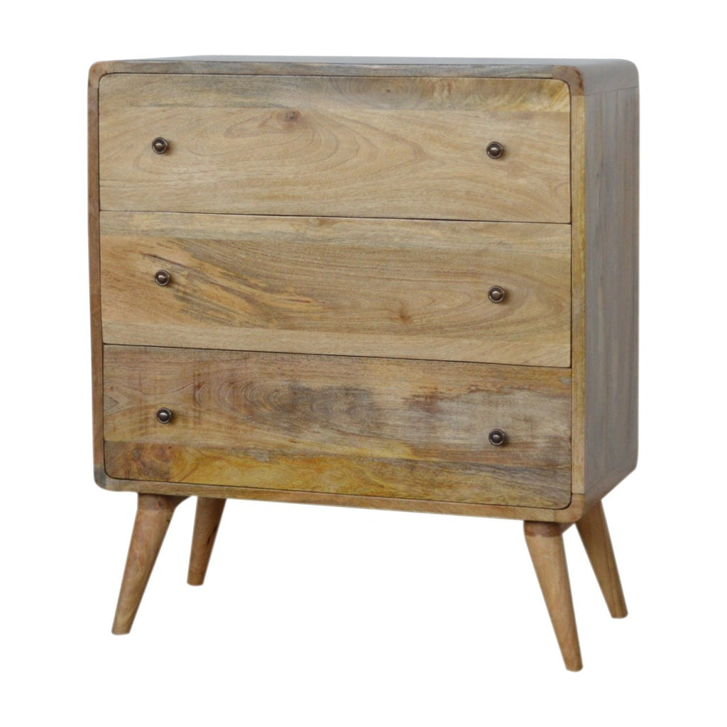 Oak Finish Mango Wood Curved Chest of Drawers — Nordic Legs, Shiny Accent Knobs, Bedroom Dresser | Lille