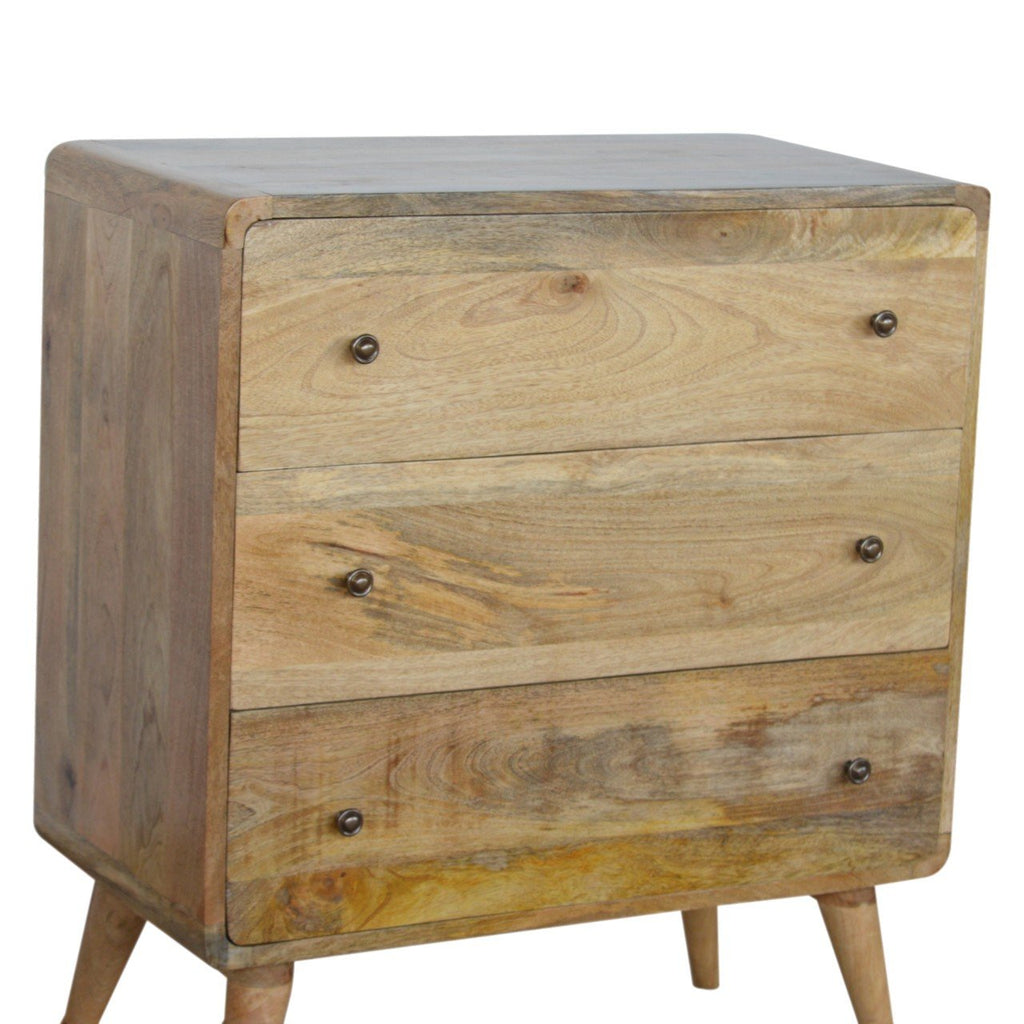 Oak Finish Mango Wood Curved Chest of Drawers — Nordic Legs, Shiny Accent Knobs, Bedroom Dresser | Lille