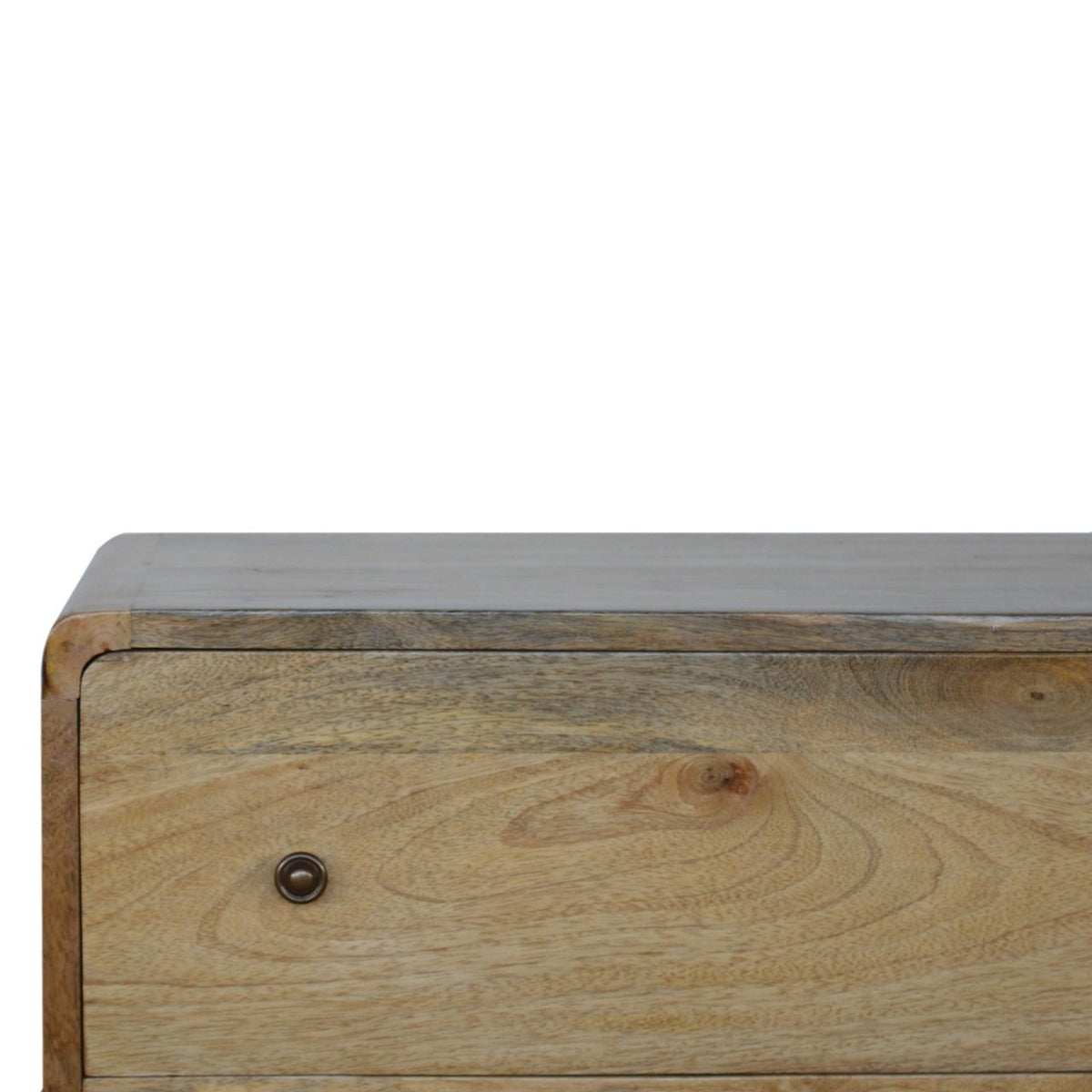 Oak Finish Mango Wood Curved Chest of Drawers — Nordic Legs, Shiny Accent Knobs, Bedroom Dresser | Lille
