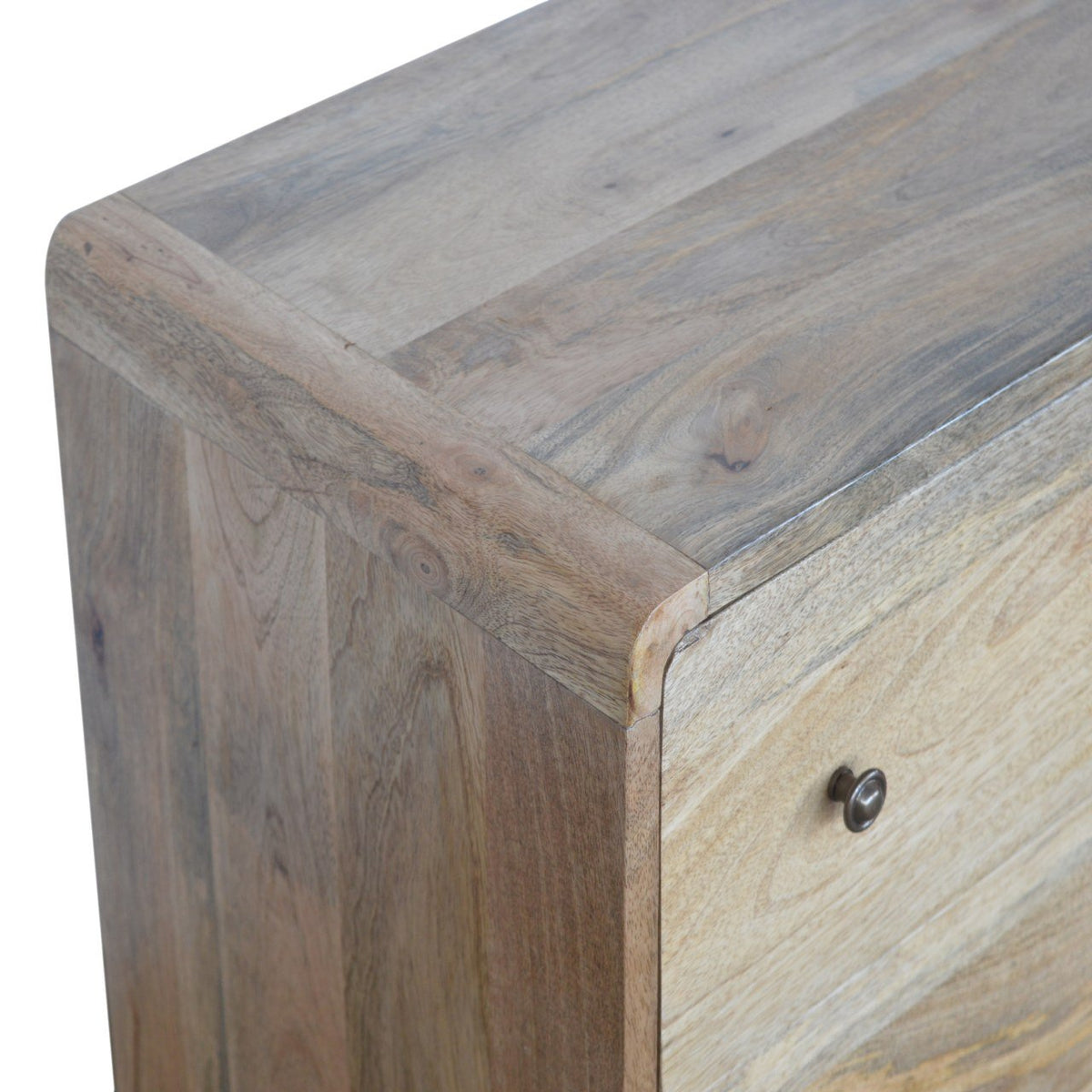 Oak Finish Mango Wood Curved Chest of Drawers — Nordic Legs, Shiny Accent Knobs, Bedroom Dresser | Lille