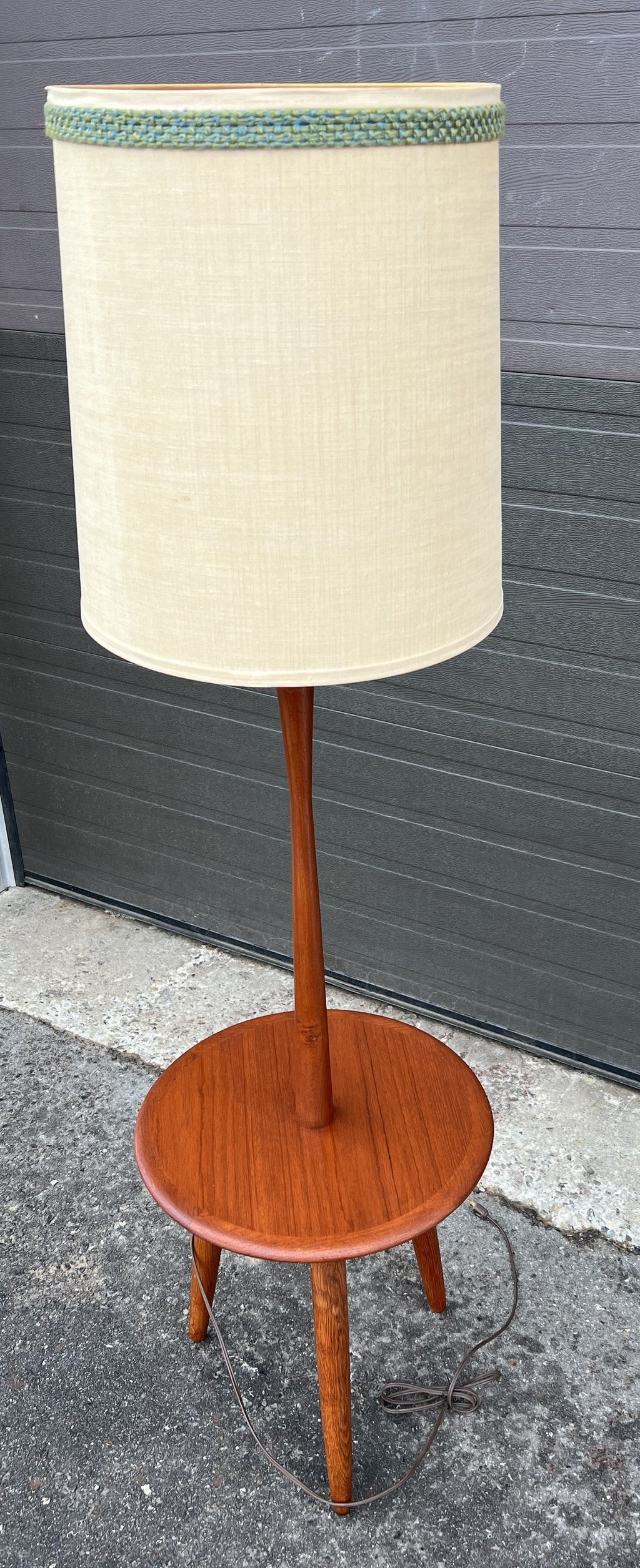 Mid Century Modern Teak Wood Floor Lamp with Built-in Tripod Table, RESTORED