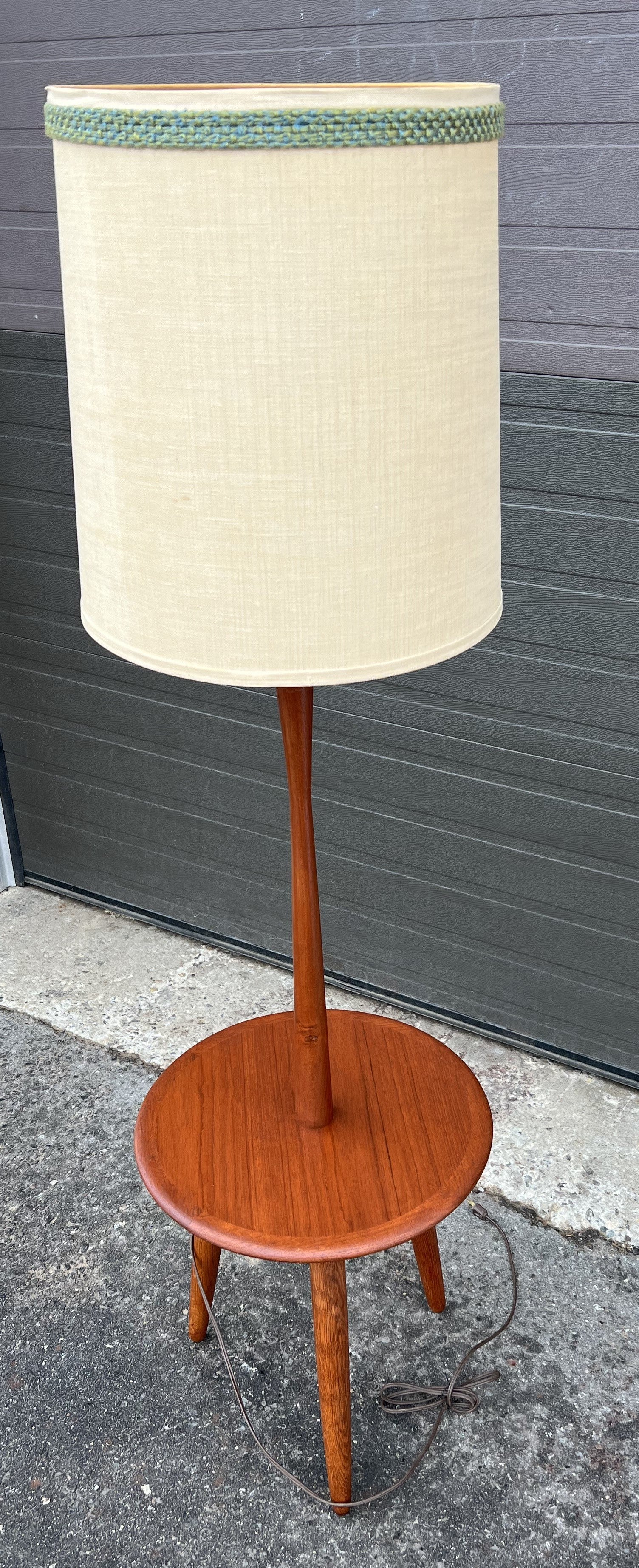 Mid Century Modern Teak Wood Floor Lamp with Built-in Tripod Table, RESTORED