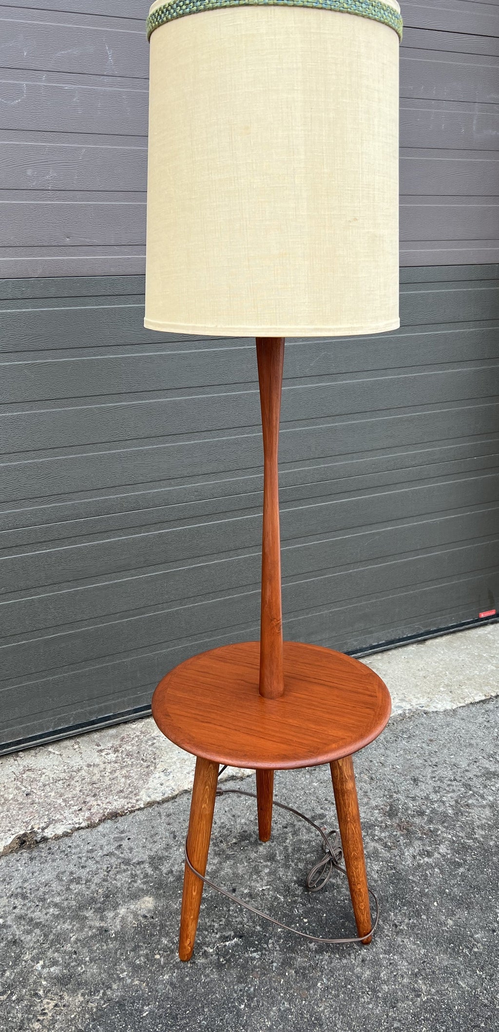 Mid Century Modern Teak Wood Floor Lamp with Built-in Tripod Table, RESTORED