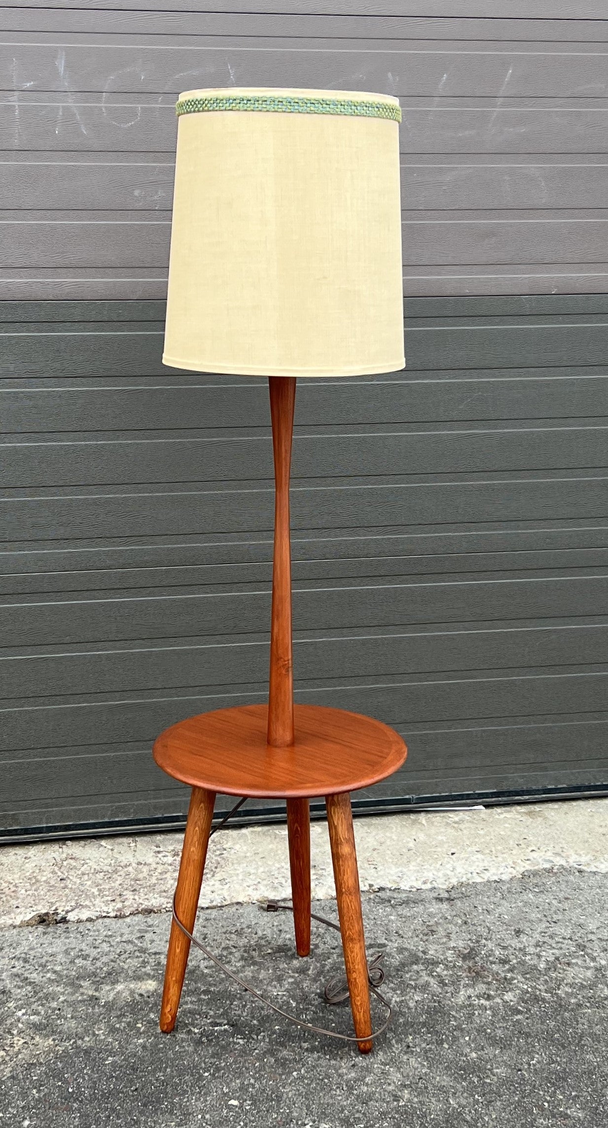 Mid Century Modern Teak Wood Floor Lamp with Built-in Tripod Table, RESTORED